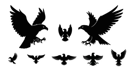 Obraz premium Dynamic Eagle Silhouettes Collection: Powerful Birds of Prey in Flight with Outstretched Wings and Talons, Ideal for Logo Design and Graphic Elements, Flat Vector Elements, Vector Illustration,