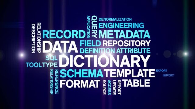 Data Dictionary animated word cloud-text design animation tag kinetic typography seamless loop.
