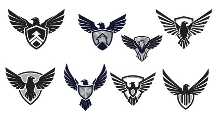 Majestic Eagle and Shield Logo Collection: Powerful Heraldic Emblems for Security, Sports, and Corporate Identity, Flat Vector Elements, Vector Illustration, Simple Vector, Stylized Vector Drawing,