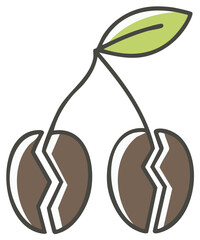 Stylized illustration of two split coffee beans with a green leaf and stem concept