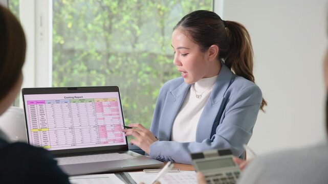 Expert woman asian people discuss review data number costing managerial account prepare monthly actual cost variance report income tax at audit office. ESG budget control ERP process service project.