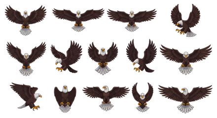 Vector Illustration Set of Majestic Bald Eagles in Dynamic Flight, Landing, and Front-Facing Poses, Suitable for Seamless Pattern Design, Flat Vector Elements, Vector Illustration, Simple Vector,