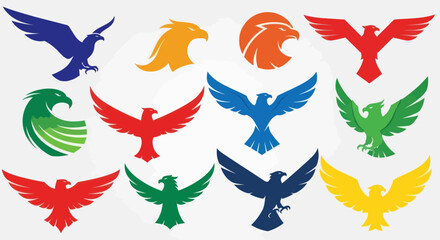 Diverse collection of stylized eagle, hawk, and phoenix logos with spread wings in vibrant colors, perfect for branding, sports, and aviation designs on white background., Flat Vector Elements,