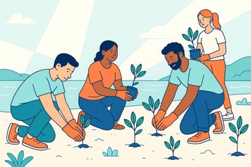 Obraz premium Group of diverse people planting young saplings on beach in bright daylight with abstract background and soft color tones. Ai generative. Ai generative