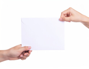 Fototapeta premium Hand delivering white envelope to another hand,