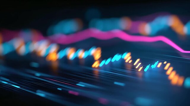 A glowing 3D rendered analytics dashboard pulses with layers of trend lines and candlestick graphs robotic precision adjusting parameters in real time. Bright neon accents