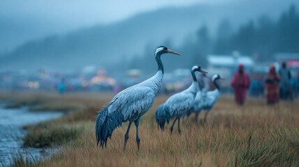 Fototapeta premium Black-necked cranes feeding peacefully in the wetlands of Phobjikha Valley during the festival. Nearby, locals dressed in traditional attire observe quietly, showing deep respect for nature. 