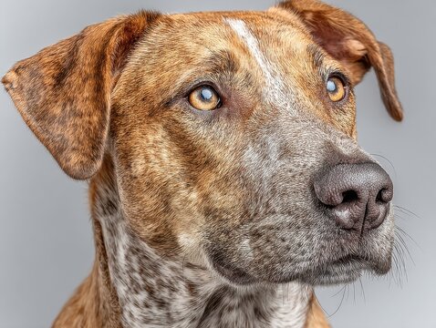 A lovely brown and white dog with unique spotted fur looks directly at the viewer with curious eyes against a soft gray backdrop, showcasing its gentle nature. - Powered by Adobe