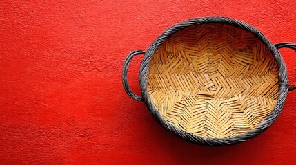 Wicker basket on vibrant red background