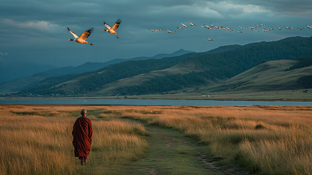 A monk releasing prayer flags into the wind during the Black-Necked Crane Festival in Phobjikha Valley, Bhutan. Cranes fly gracefully in the distance over rolling green hills