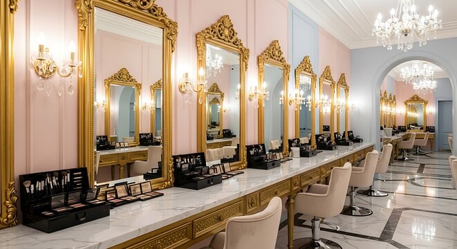 Elegant beauty salon interior ready for clients, featuring marble counters, ornate gold mirrors, and soft pink accents offering a luxurious makeover experience