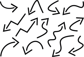Minimal black arrow set vector illustration in hand drawn doodle style featuring simple direction icons ideal for infographic design, business charts, and creative visual guides.