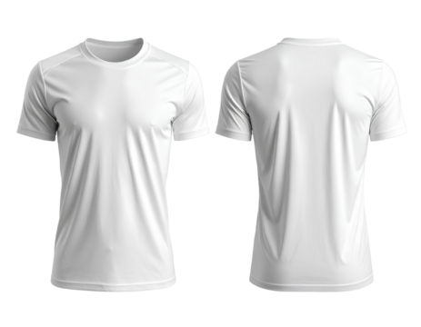 Clean mockup of a plain white soccer jersey, front and back view isolated on a transparent background.