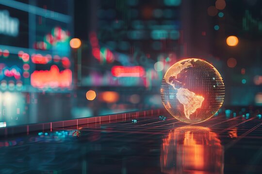 Digital globe with glowing continents on a keyboard, futuristic city background - Powered by Adobe