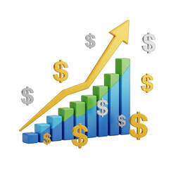 3d upward trend bar chart with dollar signs and arrow isolated on transparent background