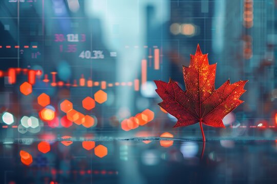 Red maple leaf with blurred city lights and stock market graph - Powered by Adobe