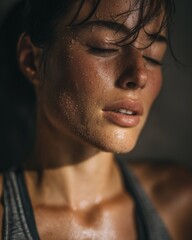 Close-up of sweaty female athlete taking a break after intense indoor workout, exhausted but satisfied expression, moody cinematic lighting, vertical composition