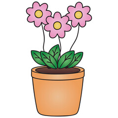 Potted Pink Daisy or Simple Flower in Terracotta Pot Vector Illustration