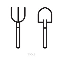 Tools line icon. Shovel and rakes symbol. Agriculture, farming concept. Isolated on a white background. Editable stroke. Flat design. Vector illustration.