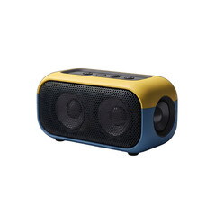 Portable wireless speaker with yellow and blue accents isolated