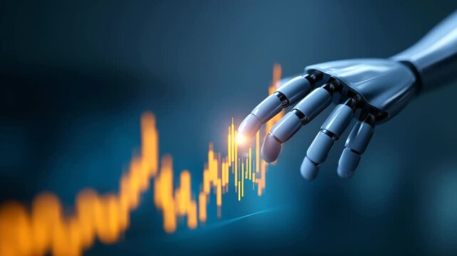 A futuristic robotics dashboard pulses with glowing 3D stock prediction visuals robotic precision guiding financial lines upward. Atmosphere of trust strength and AI innovation