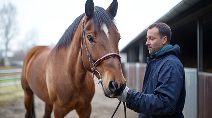 Veterinarian examining a horse in a stable, checking its health