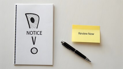 Exclamation mark notice written on paper with review sticky note