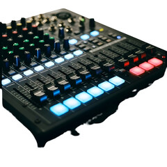Professional audio mixer console with illuminated controls on transparent background