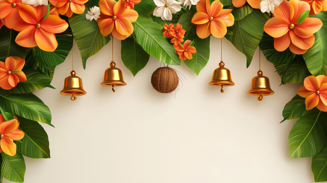 Beautiful floral decoration with auspicious mango leaves, coconuts, and bells for Ugadi and Gudi Padwa