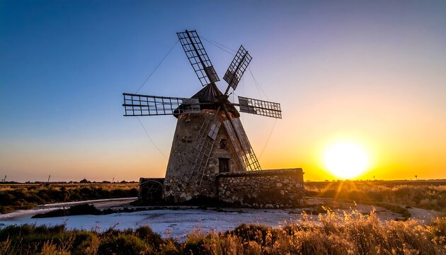 Sunset over a traditional stone windmill