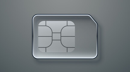 Modern glass SIM card with a sleek, translucent design on a gray background. A representation of advanced mobile technology.