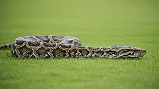 A patterned python rests on short green grass It fills much of the frame