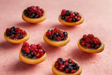 Miniature tartlets filled with fresh berries and pomegranate seeds