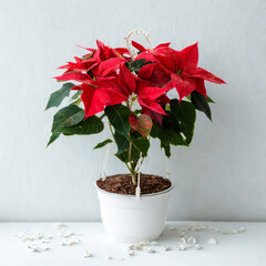 Vibrant red poinsettia plant in a white pot