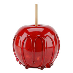 3d shiny red candy apple with wooden stick isolated on transparent background