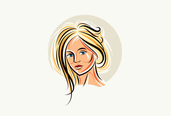 Beauty young woman face vector illustration, logo look like drawing for cosmetology or skincare or cosmetics brand, classic style emblem.