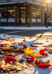 A winter day in Montreal with leaves on the road at sunset, A cold day in Montreal in December with some leaves on the road at sunset time