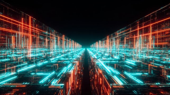 Futuristic neon cityscape with symmetrical glowing grids and digital pathway.