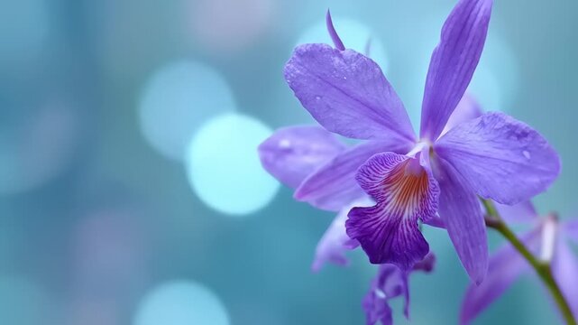 A close-up of a vibrant purple orchid with a blurry turquoise background