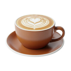 3d realistic brown coffee cup with latte art on saucer isolated on transparent background
