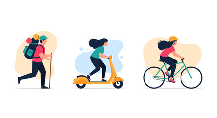 Fototapeta premium Outdoor activity people riding electric scooter and cycling.