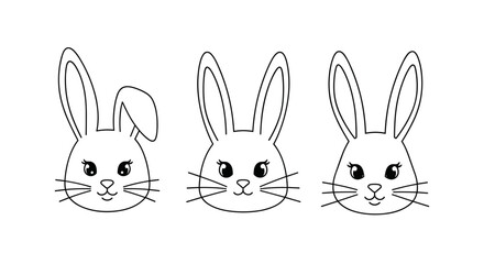 Obraz premium Three cute cartoon bunny faces drawn in outline style with long ears and whiskers.