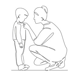 One continuous single drawing line art flat doodle mother, children, family, shirt, buttons, boy, son. Isolated image hand draw contour on a white background, hand drawn, not AI