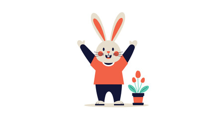 A cheerful cartoon rabbit with its arms raised in celebration stands next to a potted plant.