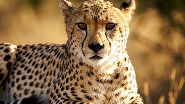 Cheetah lounging on rock with golden grassland backdrop. Natural setting during sunset, displaying serene wildlife scene. Concept of conservation, nature tourism, wildlife photography