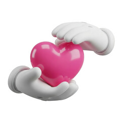 3d cartoon hands holding a vibrant pink heart symbol of love and care isolated on transparent background