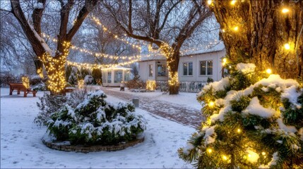 Winter evening scene with snow-covered trees and warm lights in a cozy garden setting