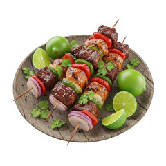 3d delicious meat skewers with fresh limes and herbs isolated on transparent background