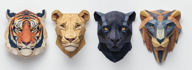 Four geometric animal heads in muted tones, featuring a tiger, lioness, panther, and another lion-like design, against a white background