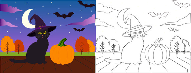 A coloring page of a cat in a witch's hat sitting